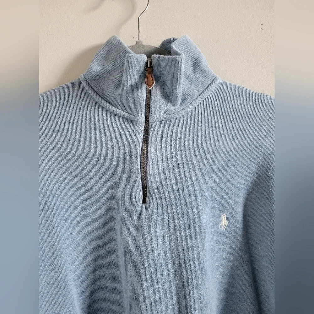Polo by Ralph Lauren Light Blue Cotton Mock Neck 1/4 Zip Sweater Mens XL - Picture 2 of 9